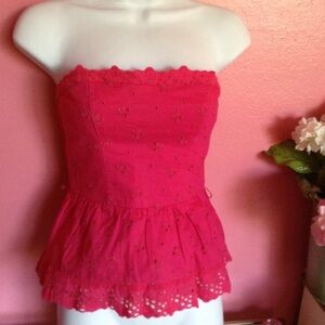 Y2K Vibrant Pink Strapless Eyelet Babydoll Top